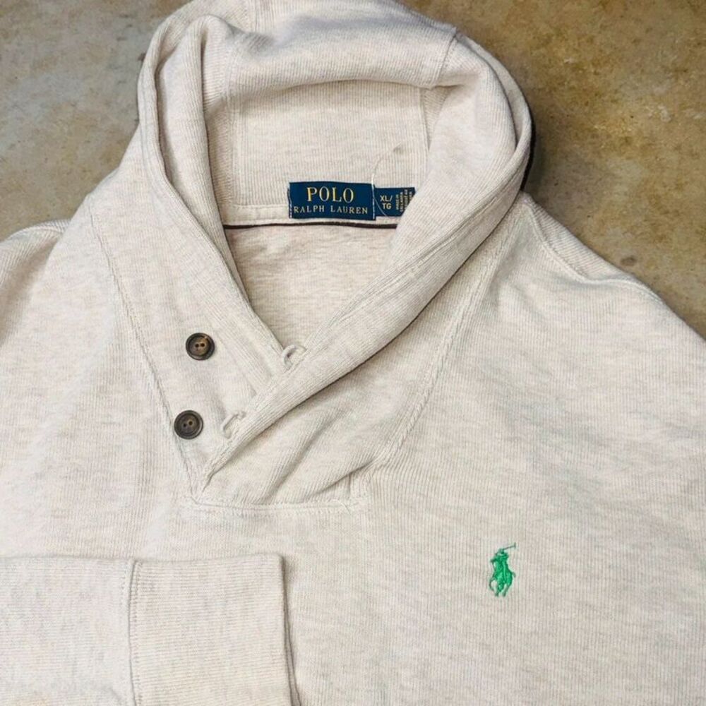Polo Ralph Lauren Shawl Collar Sweater Mens XL Cream Oatmeal Pullover Green Pony